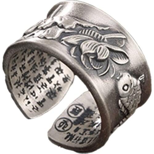 100% Real S999 pure silver lotus carp heart sutra retro personality good luck adjustable man and woman rings