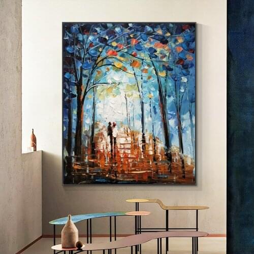 100% Hand Painted Abstract Lover Working In The Tree-lined Lane Oil Painting Handmade Wall Art Canvas Painting For Home Decor