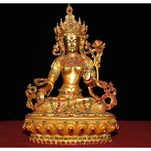 8"Chinese temple collection Old Bronze Gilt Real gold mosaic Gem Seven-eyed Green Tara Bodhisattva Sitting Buddha Ornaments