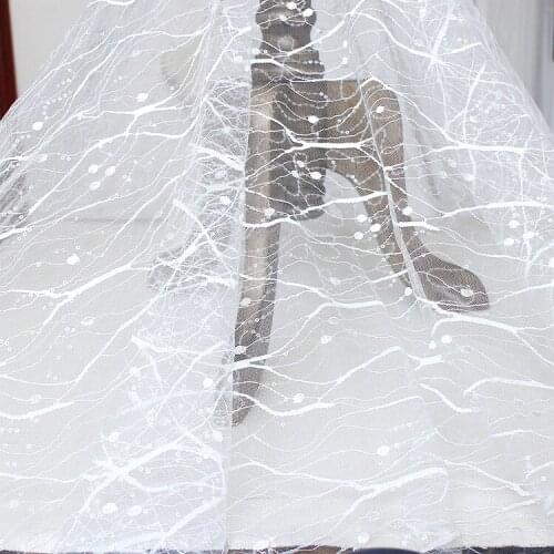White Embroidery lace fabric for wedding dress diy handmade cloth mesh sequins fabric material