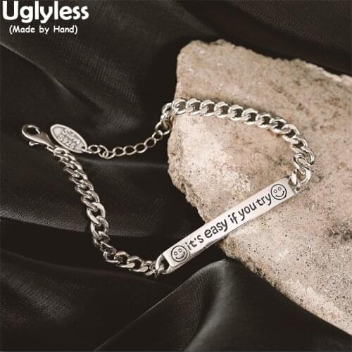 Uglyless Proverbs Gifts Its Easy if U Try Instagram Style Rectangle Medal Bracelets for Women Twist Chains Bangles 925 Silver