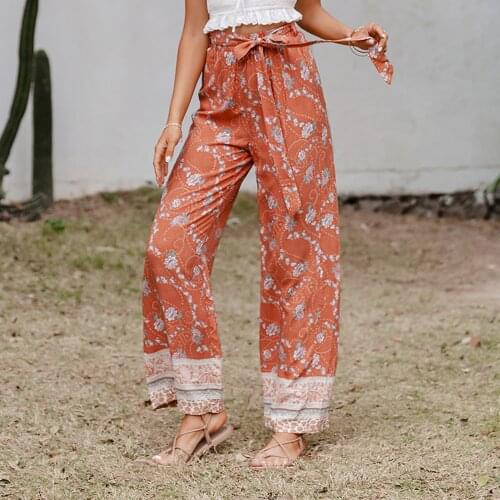 2021 New Women Pants Thin Print Bohemian Style High Waist Wide leg Pants Summer Casual Sports Travel Beach Loose Trousers Female