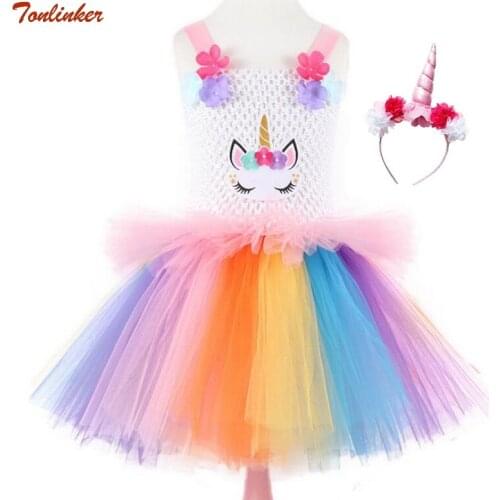 2019 New Rainbow UnicornTutu Dress Costume With Headband Princess Flower Girl Party Dress Kids Halloween Unicorn Costume 2-10 Yr