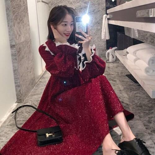 Long corduroy dress net red was thin doll collar dress 2019 new autumn and winter base Korean sparkling fairy long