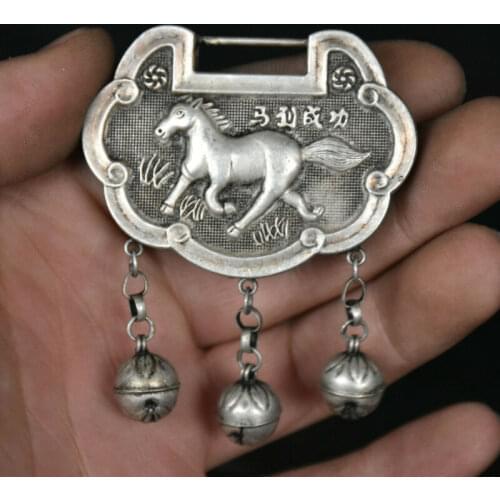 Collect Old China Dynasty Miao Silver Animal Horse Longevity lock Pendant Statue