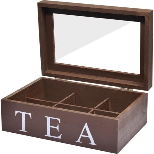 6 Compartments Tea Leaf Storage Box Natural Wooden Tea Bags Organizer With Transparent Cover Home Kitchen Tool