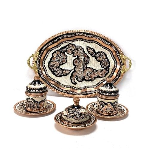 All Hand Embroidered Copper Cup Set With Tray For 2 Persons Copper Stylish Decorative Tray Cups And Turkish Delight Holder