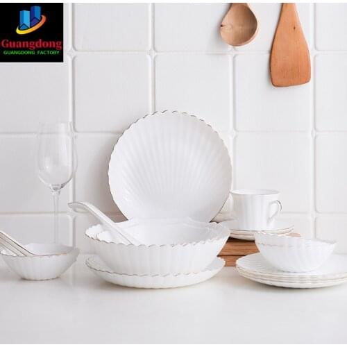 White Shell Glass Dinnerware Set with Gold Rim Dinner Plates Noodle Salad Bowl Espresso Coffee Cup Saucer Spoon for Food Nordic