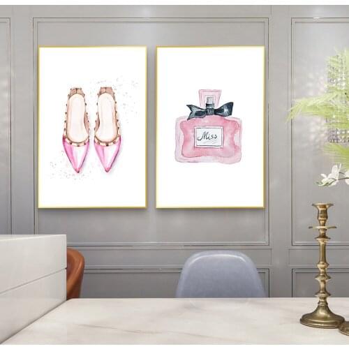 Nordic Pink High Heels and Perfume Painting On Canvas Posters and Prints Modern Wall Art Pictures for Living Room Cuadros Decor