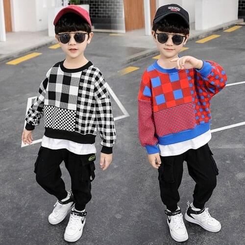 2021 New Boy Black And White Spring And Autumn Style Leisure Plaid Long Sleeve Suit Children 2-Piece Set Boys' Movement Clothes
