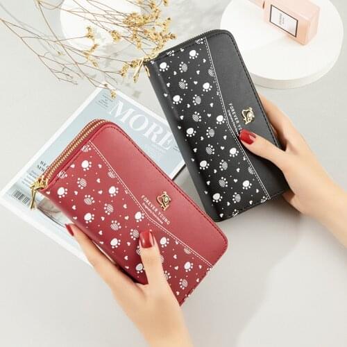 2021 New Double Zipper Wallet Womens Cute Cartoon Printed Hand Bag Large Capacity Wrist Band Mobile Phone Bag