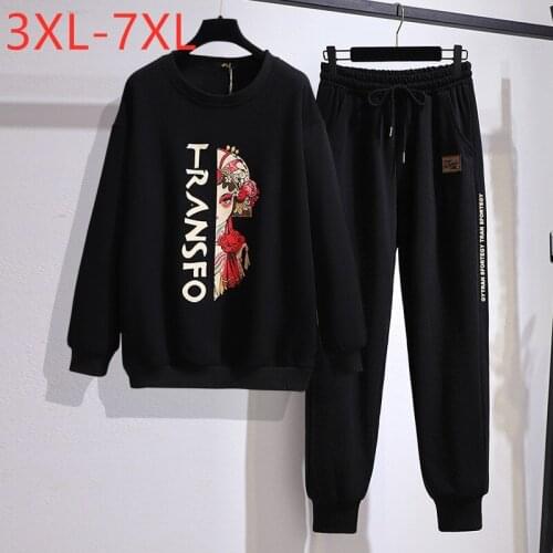 New Ladies Autumn Winter Plus Size Sports Sets For Women Large Black Print Pullover And Pants Training Suit 7XL