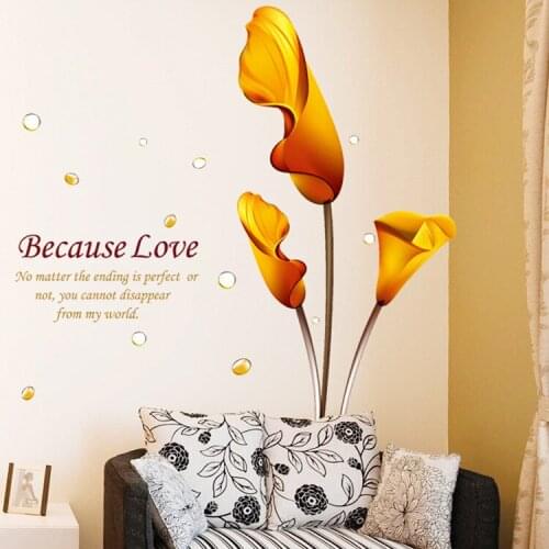 New Fashion Yellow Bloom Flower Common Callalily Wall Stickers Sweet Love Quotes Bedroom Living Room Decoration Home Decor Art