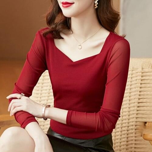 Autumn Mesh Fabric T Shirts for Women Long Sleeve Woman Tshirts Vintage Black Women Fashion Tops