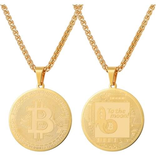 Necklace Men Bitcoin Coin Necklaces Gold Color Stainless Steel Bit Coin Pendant Hip Hop Chain