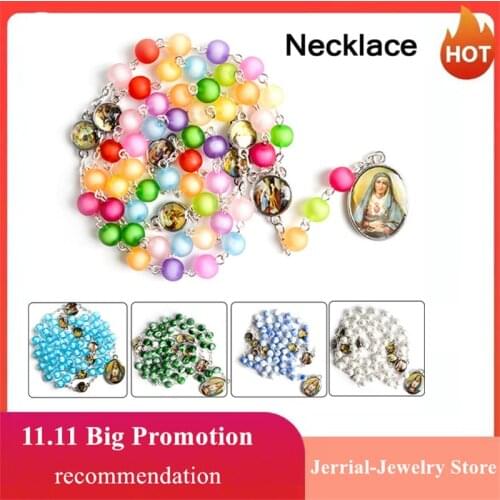 12 Style Vintage Round Bead Prayer Rosary Necklace Virgin Mary Jesus Stylish Catholic Religious Cross Necklace Womens Jewellery