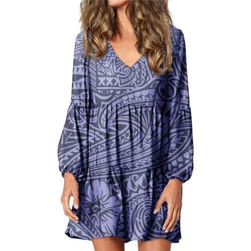 Hycool Casual Lantern Sleeve Polynesian Navy Dresses Sexy V-Neck Tribal Style Lady Knee-Length Loose Dresses For Pregnant Women