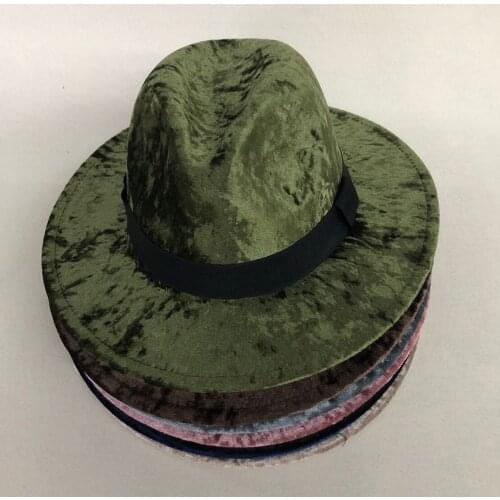 Simple Unisex Flat Brim Gold velvet Felt Jazz Fedora Hats Men Women Leopard Grain Leather Band Decor Trilby Panama Formal Hats