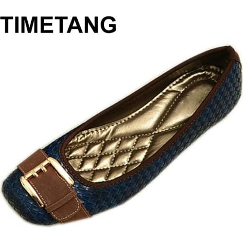 TIMETANG 2021 Buckle knitted Women Single Shoes Square Toe Ballet Flats Soft Bottom Fashion Work Shoes Woman Flat shoes C084
