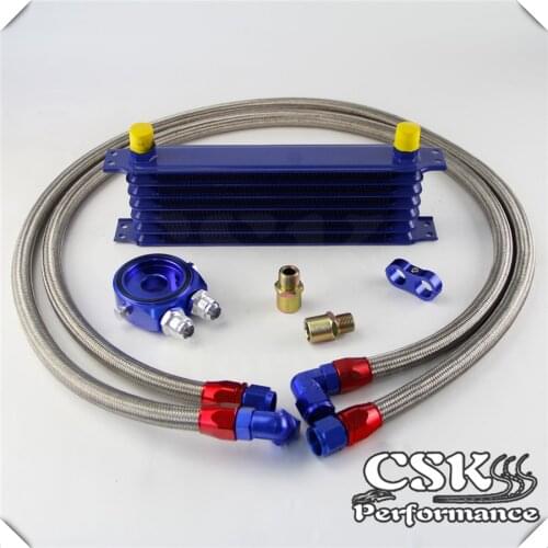 AN10 7Row 262mm Universal Engine Transmission Oil Cooler Trust Type + Aluminum Filter Hose End Kit Bluek