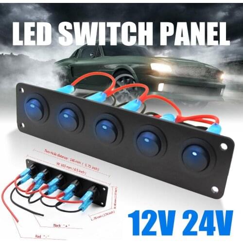 Waterproof 5 Gang Round Dash Rocker Toggle Switch Panel Blue LED for Trailer RV Boat Yacht Marine 12-24V Marine Accessories Boat