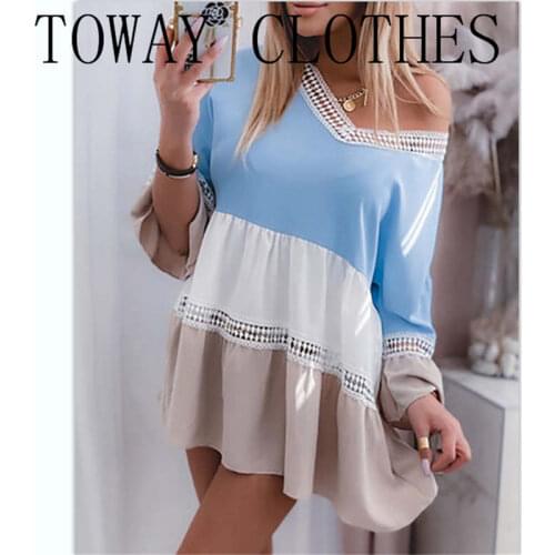 Women Patchwork V Neck Long Sleeve Lace Trim Colorblock Bell Sleeve Blouse Causal Chic Tops