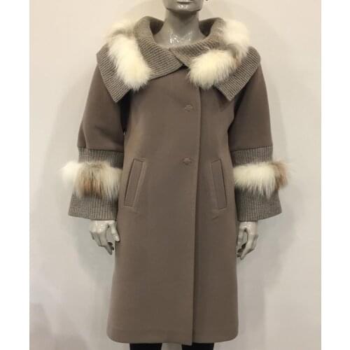 Womens Real Cashmere Winter Long Parka White Fox Collar Cuff Wool Plus Size Casual Naturel High Quality Elegant Outerwear Coat
