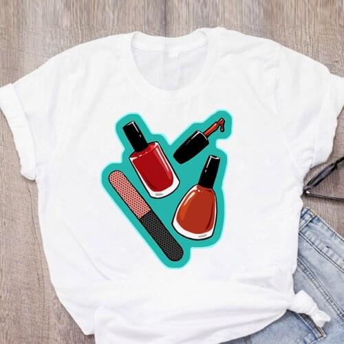 Woman Tshirts Red Nail Polish Fashion Short Sleeves Tops Korean Style Graphic Casual Summer T Shirt O Neck Women White T Shirts