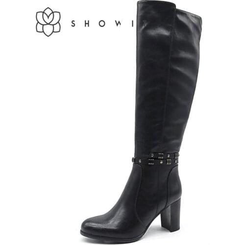 SHOWIT Women’s Knee High Boots Autumn Fashion Rivet Strap Ladies Boots High-heel PU Basic Footwear Zipper style hoof heel