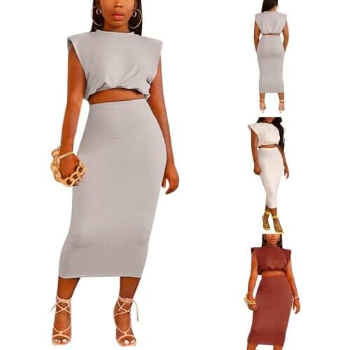 Women Sexy Two-piece Polyester Clothes Casual Set Solid Color Cap Sleeve Tops and High Waist Skirt White/ Caramel/ Grey