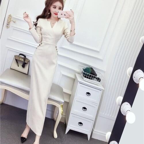 Women 2021 Spring Autumn New Fashion Slim OL Temperament Dress Female V-neck Long Sleeve Pencil Dress Ladies Maxi Vestidos Y204