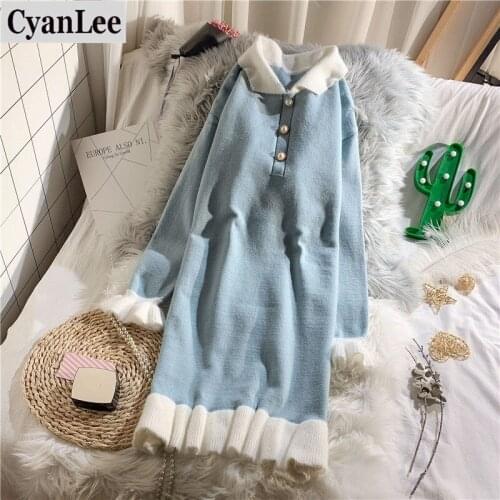 Cyanlee Solid Knitted Women Dresses Ruffles Knee-length Loose Lady Elegant Dresses Top Quality