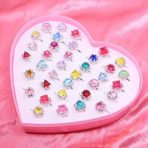 12/36pcs Children Mix Colorful Rhinestone Gem Rings Cute Jewelry Creative Princess Toys Kids Little Girl Rings Gift Display Box