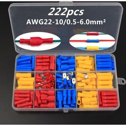 222pcs Fully Insulated Spade Crimp Terminal Female Male Connectors Lug Wire Butt Terminals wire crimp connector Assortment