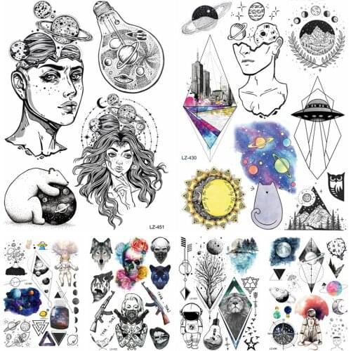 3D Universe Cute Bear Girls Temporary Tattoos For Children Kids Abstract Adult Galaxy Planets Cat Fake Waterproof Tattoo Sticker