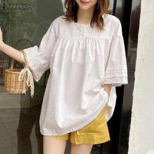 ZANZEA Fashion Women Summer Blouse Casual Buttons Crew Neck Shirt Elegant Solid Shirt Female Loose Pleated Tops Tunic Oversized