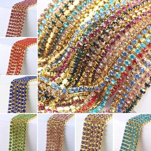 Rhinestones Chain 1 meter/lot Gold Claw Base Shiny Stones Crystals Strass Non Hotfix Craft Sewing Rhinestones Chain For Clothes