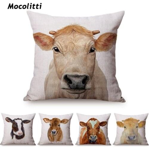 Caucasus Cow Farm Animal Watercolor Home Decorative Throw Pillow Case Brown Yak Cattle Cotton Linen Car Chair Seat Cushion Cover