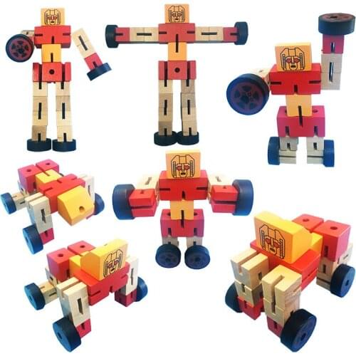 Wooden Deformed Car Robot Model Finger Toy Children Educational Car Man Toys With Box Packaging