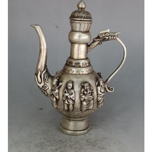 Exquisite Chinese old White Copper Hand-carved Eight Immortal (in the legend) Teapot