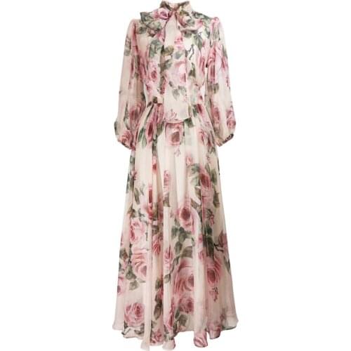 Janeyiren Spring Summer Fashion Designer dress Women Dress Bow collar Rose Floral-Print Elegant Vacation Chiffon Dresses