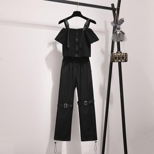 Summer black two piece set women dance high waist streetwear punk overalls women strapless short top and long pant set 2020