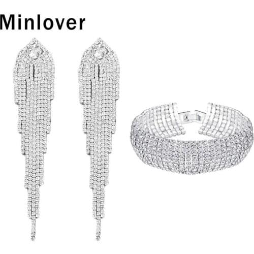 Minlover 2019 Fashion New Luxury Bride Long Tassel Drop Earrings Bracelet Sets for Women Silver Color Wedding Jewelry Sets Bridal Engagement Gift MEH1647+MSL341