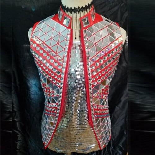 Fashion red silver vest jacket male singer costume with fake stones punk style DS DJ coat performance coat