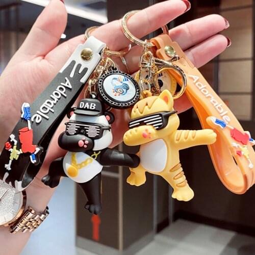 Cartoon Hip Hop Cat Soft Rubber Keychain Gray Black Yellow Female Couple Creative Car Keyring Accessory Bag Pendant Gift
