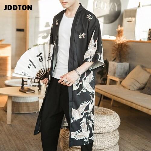 JDDTON Mens Kimono Fashion Jackets Long Cardigan Traditional Japanese Yukata Outerwear Haori Coats Male Casual Overcoats JE007