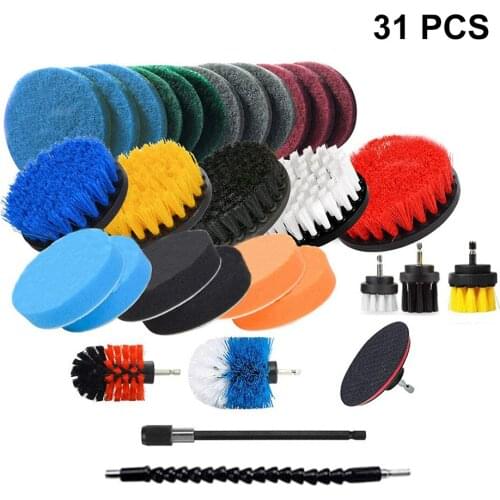 31PCS Electric Drill Brush Set Clean Cloth Scrub Pads Sponge Power Scrubber Brush with Rotate Extend Long Attachment Home Clean