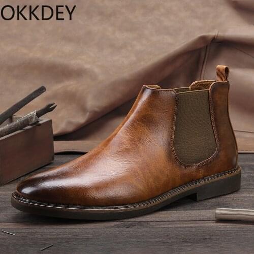 OKKDEY 2021 New Mens Chelsea Leather Boots English Polished Fashion Boots Retro Male Martin Boots