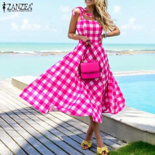 ZANZEA Bohemian Vintage Women Dress 2021 Summer Plaid Straped Maxi Vestidos Casual Sleeveless A-line Holiday Oversize Sundress 7