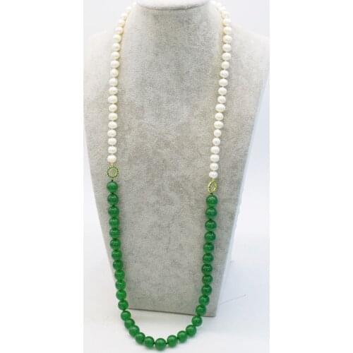 Freshwater pearl near round 8-9mm and green/red jade 12mm necklace nature wholesale beads 32inch